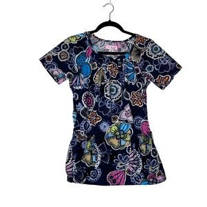 KOI Womens XS Navy Butterfly Floral Scrub Top Cotton Short Sleeve